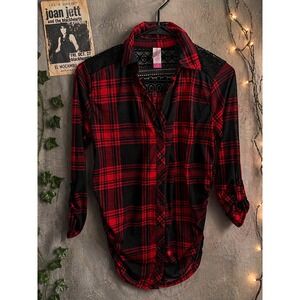 Red Black Plaid Lace Yoke Top Grunge Punk Alt Dark Academia Womens Size Medium